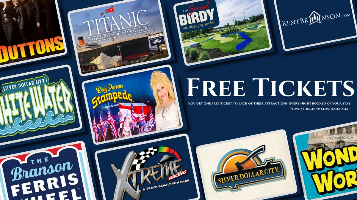 An interior shot featuring a wall filled with logos of popular Branson attractions and the prominent text 'FREE TICKETS,' inviting guests to explore the wider entertainment options of the area. The mood is energetic and exciting, suggesting the abundance of local attractions nearby.